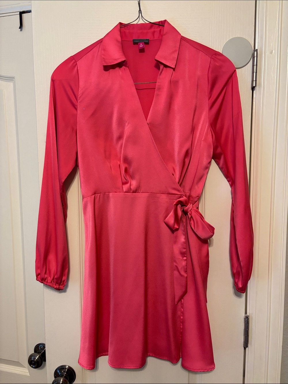 Vince Camuto Coral Satin Wrap Mini Dress with Tie